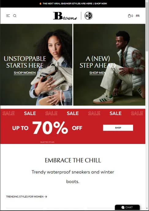 Browns Shoes website advertisement showcasing 70% off sale...