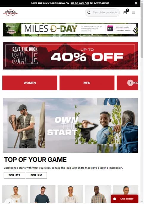 Cape Union Mart webpage showcasing a 40% off sale...