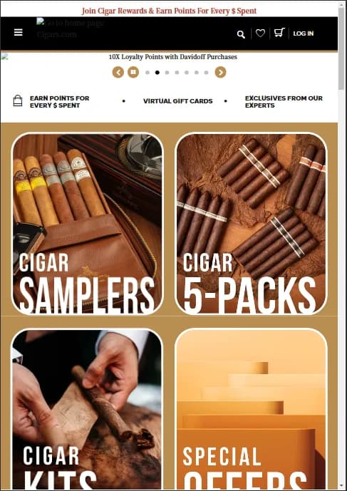 Cigars website page featuring cigar samplers...