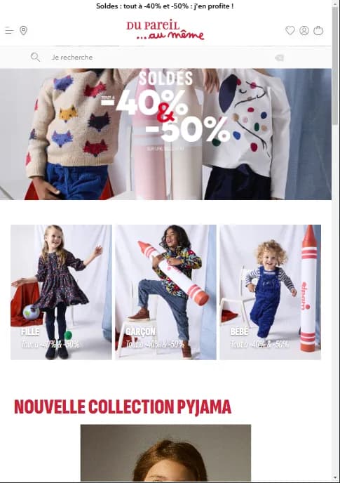 DPAM website page showcasing Children's clothing sale...