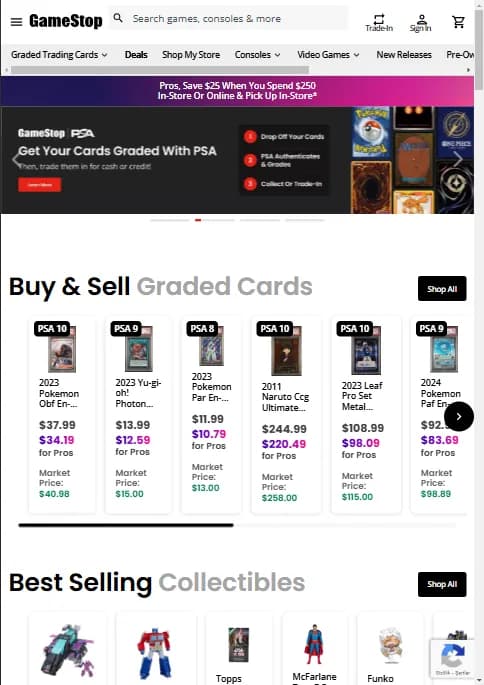 GameStop website page displaying graded trading cards...