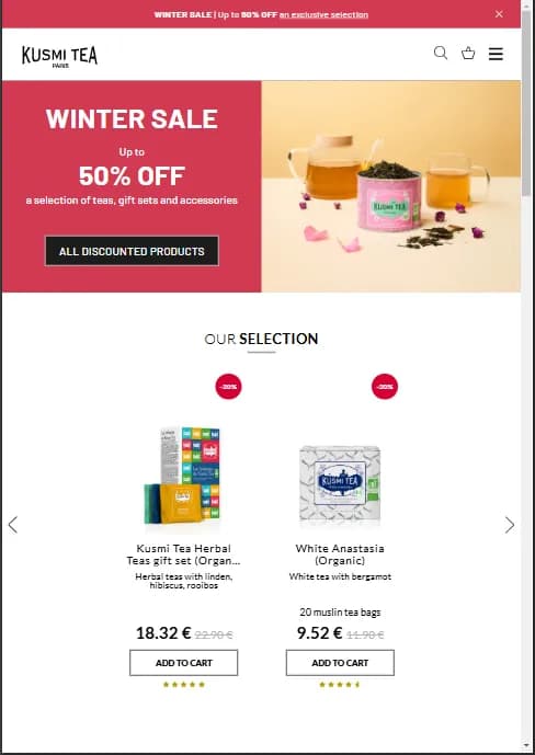 Kusmi tea shop website displaying winter sale...