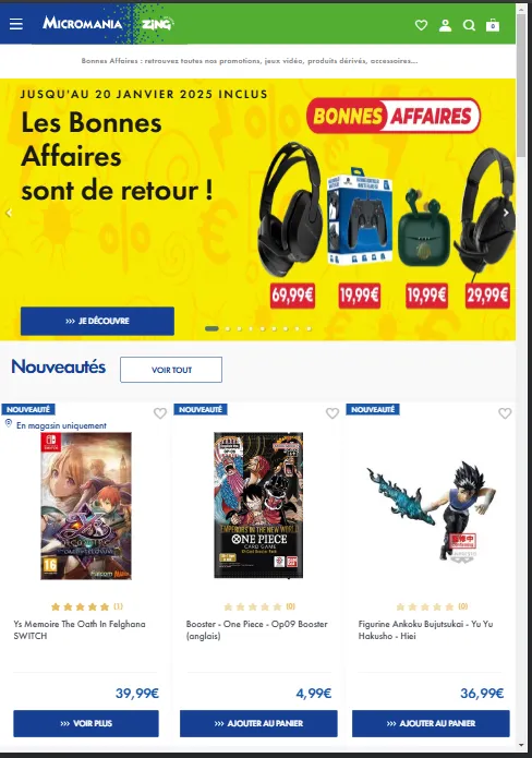 Online retailer Micromania website displaying gaming deals...
