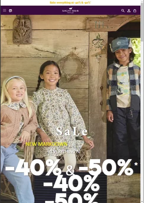 Sergent-Major website showcasing children's clothing sale...